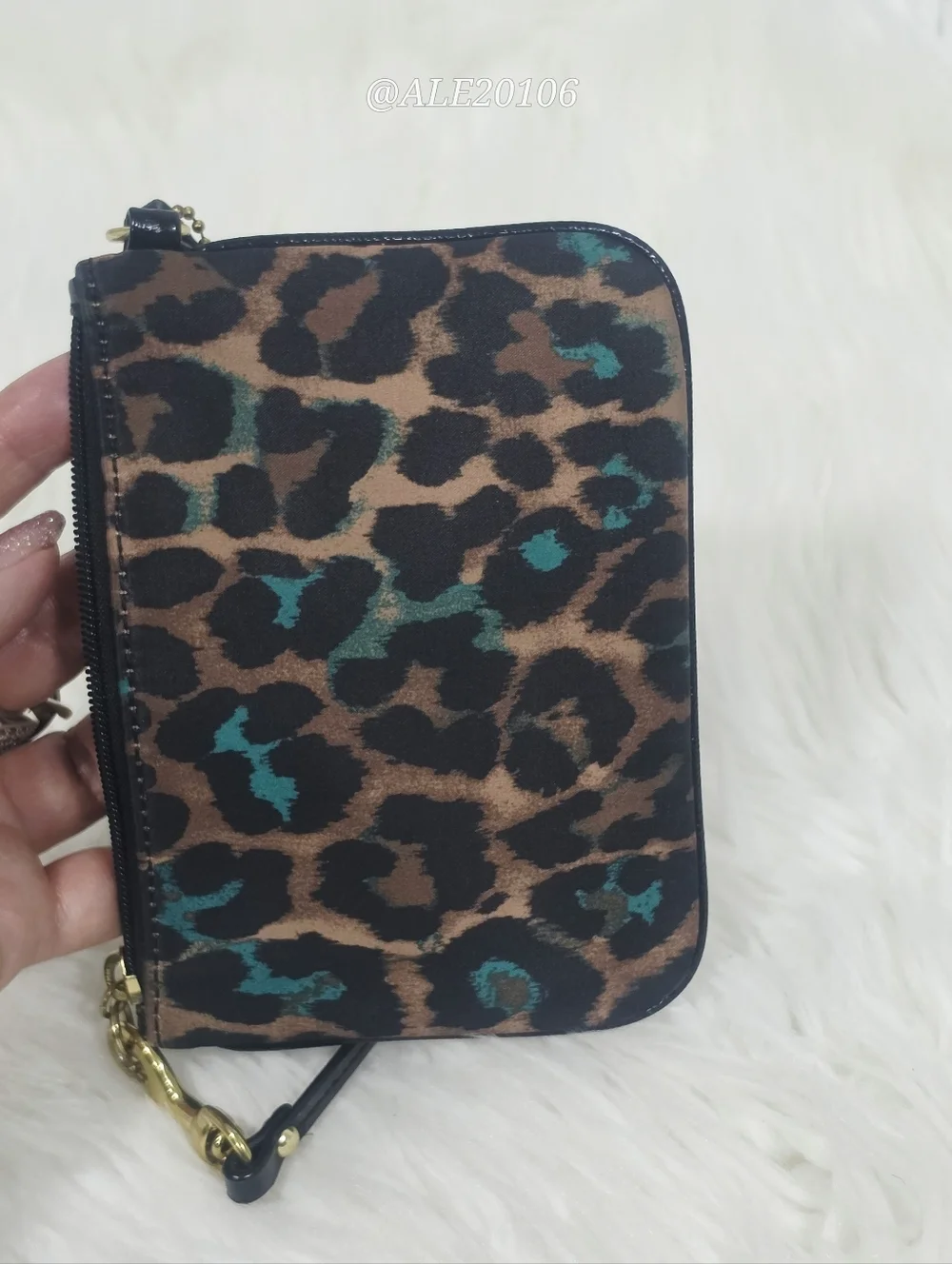 Coach Leopard Print Wristlet Zip Pouch Brown Teal Small Bag